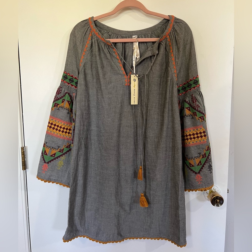 NWT Uncle Frank embroidered chambray tunic A-line dress with bell sleeves